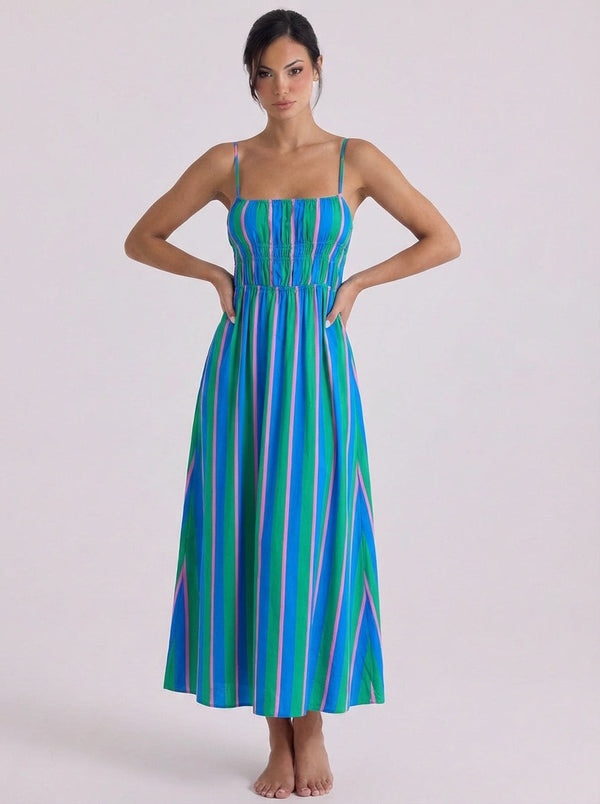 Vestido midi fruncido de rayas de algodón
