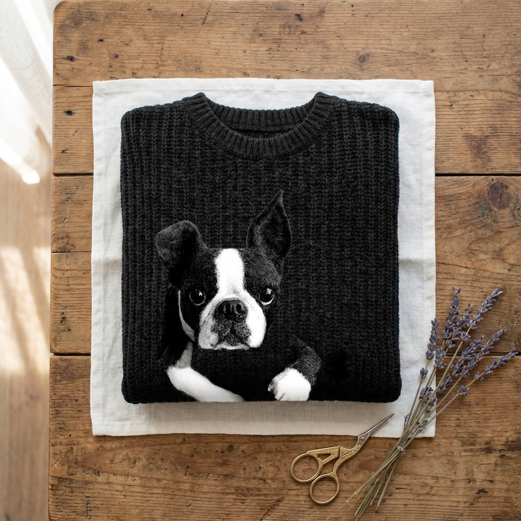 Baumwollpullover Schwarz mit Boston Terrier-Motiv