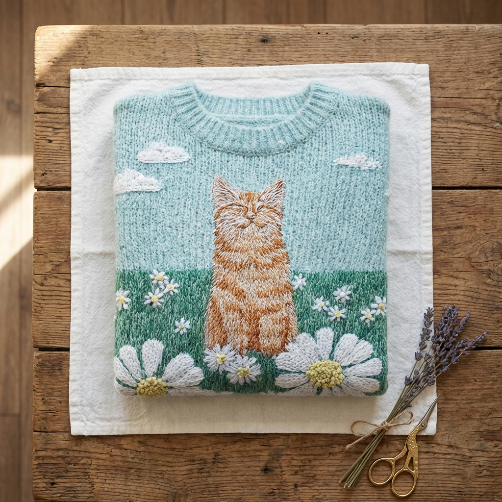 Baumwollpullover in Blau mit Katzen- und Gänseblümchen-Wiesen-Design