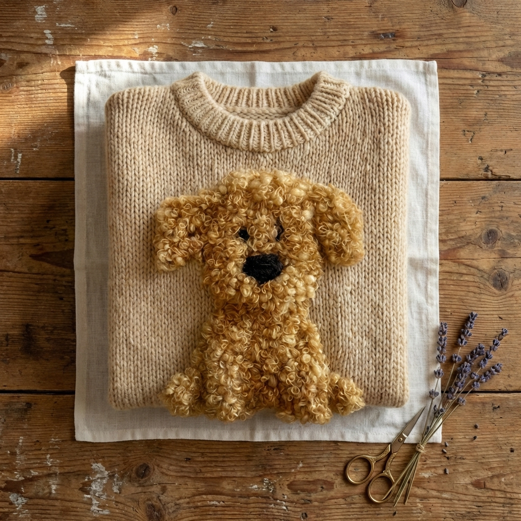 Baumwollpullover Creme mit lockigem Hund und Blumenmuster