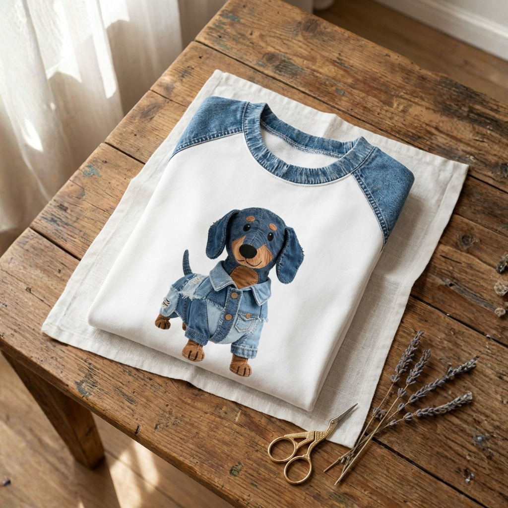 Baumwollpullover Creme mit Dackel vorne im Denim-Design