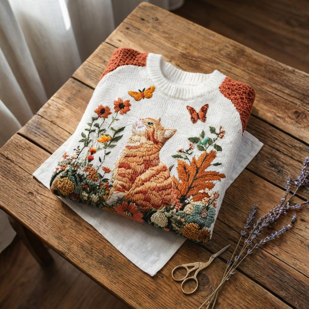 Baumwollpullover Creme mit orangefarbenem Katzen- und Schmetterlingsblumenmuster
