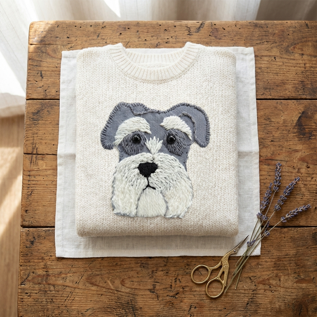 Baumwollpullover Creme mit Schnauzer-Design