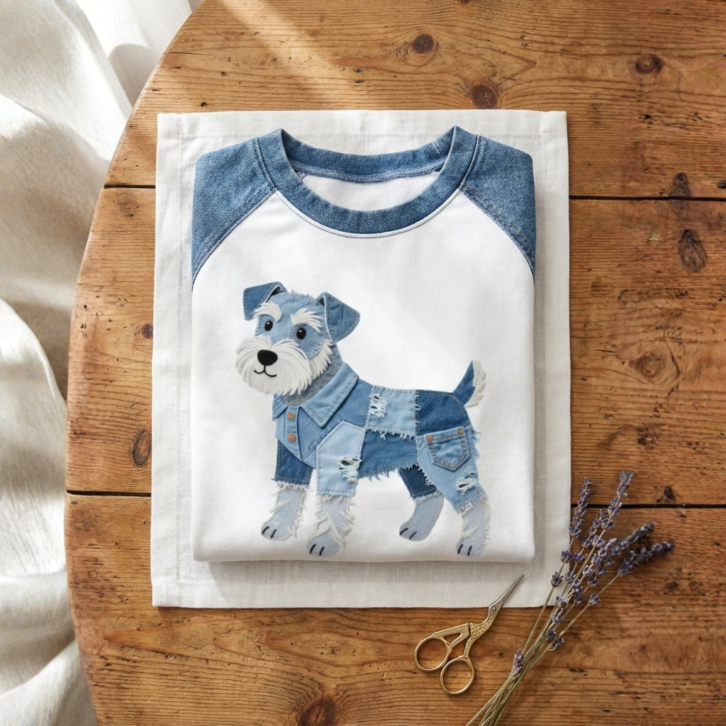Katoenen Trui Crème Met Terriër In Denim Design