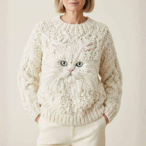 Pull en coton crème avec motif tête de chat blanc
