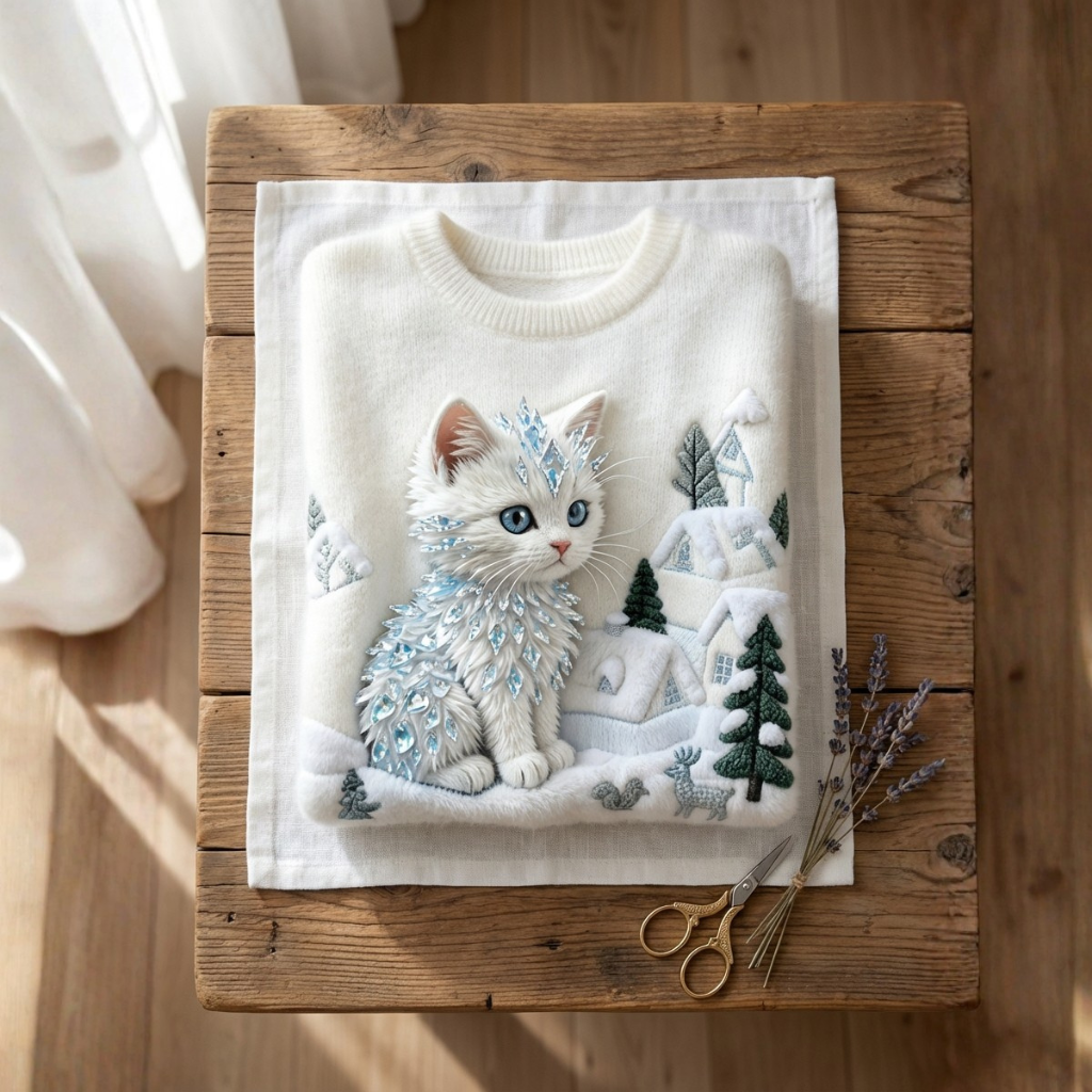 Katoenen Trui Crème Met Witte Kat Winterlandschap Design