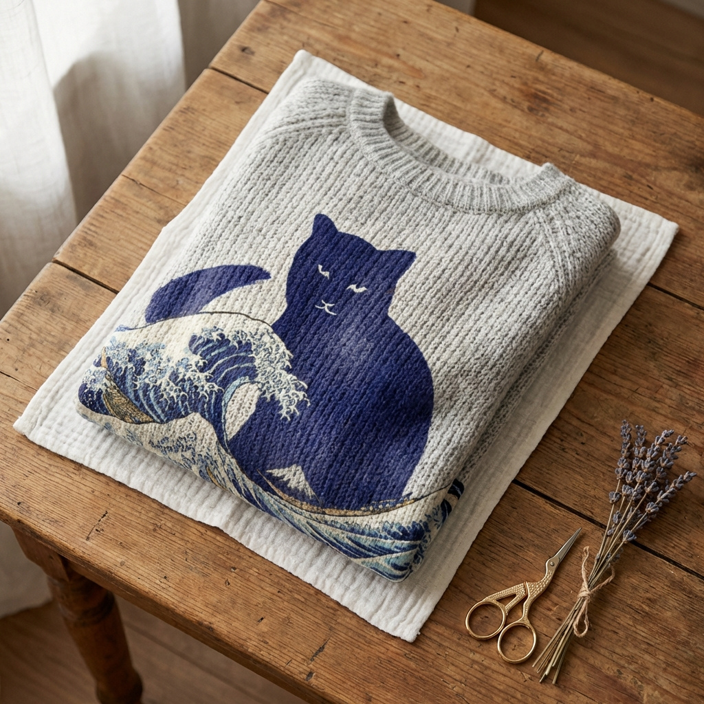 Katoenen trui grijs met kat- en oceaangolfmotief