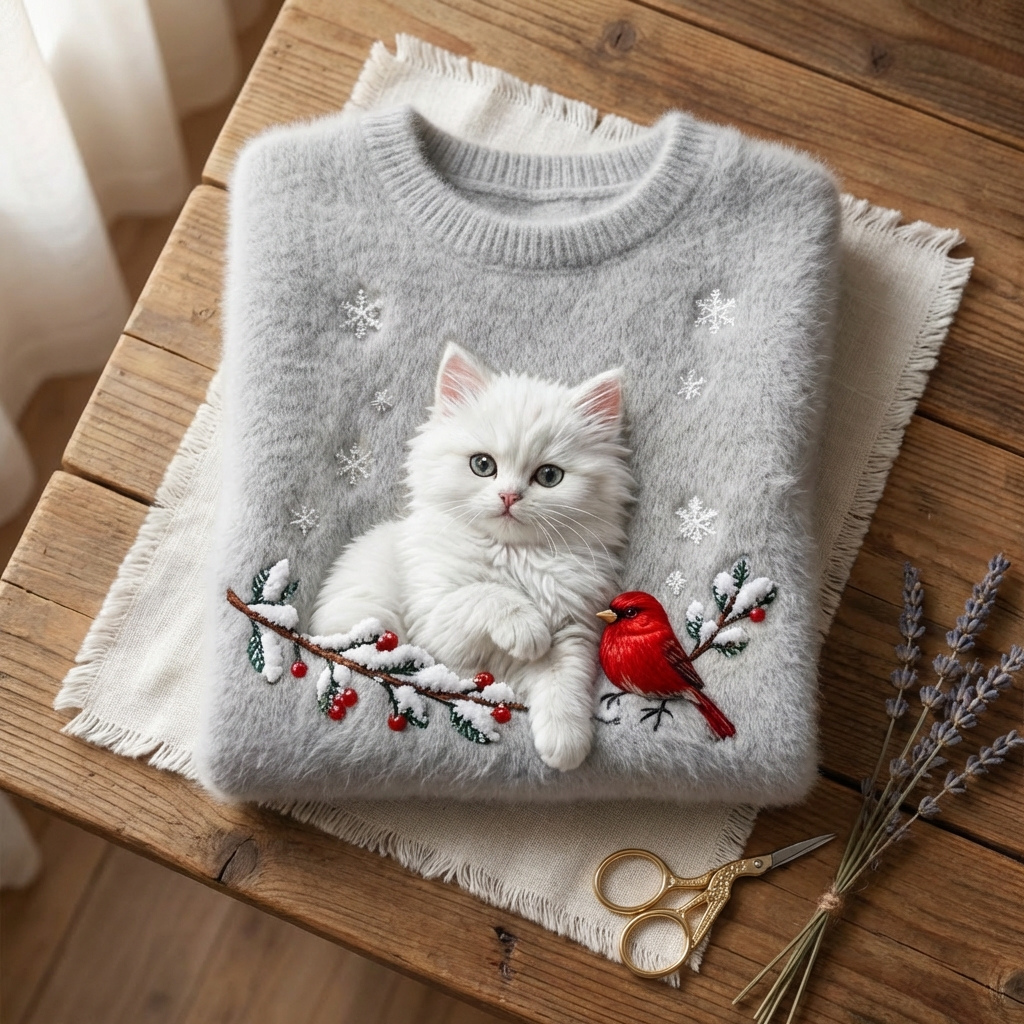 Grauer Baumwollpullover mit weißem Katzen- und Kardinalmuster