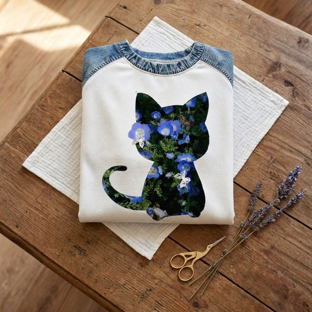 Katoenen trui lavendel met kat- en blauwbloemmotief