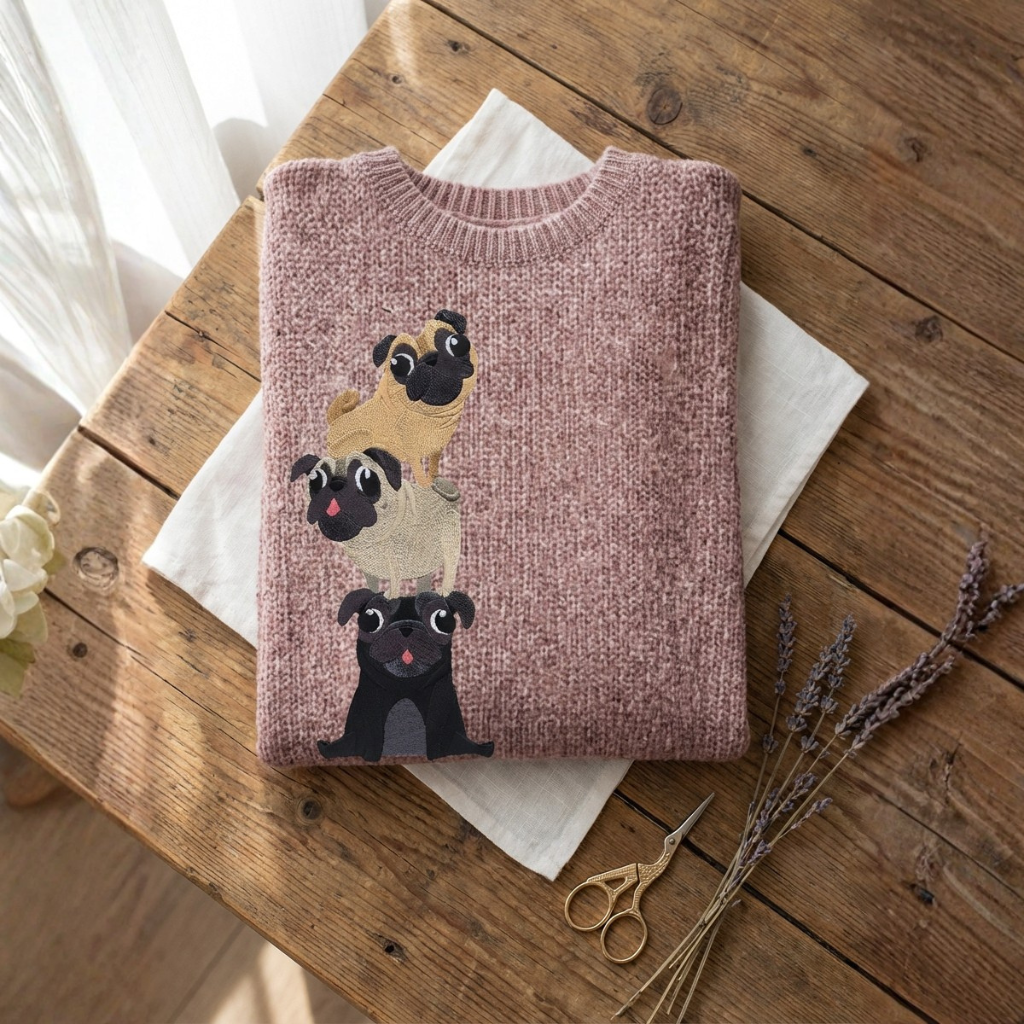 Baumwollpullover Rose mit Mops-Stack-Design