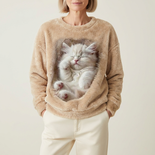 Pull en coton beige avec motif chat endormi