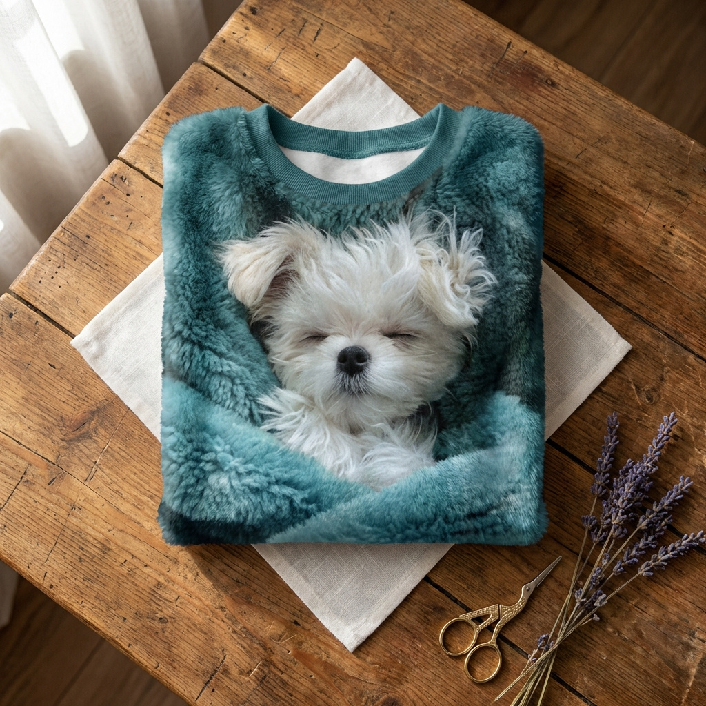Katoenen trui blauwgroen met Shih Tzu-ontwerp