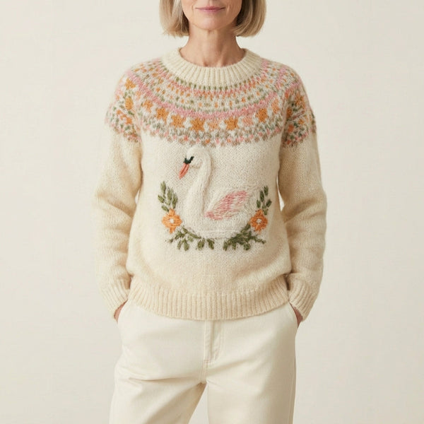 Pull en coton avec broderie d'oiseaux et de fleurs