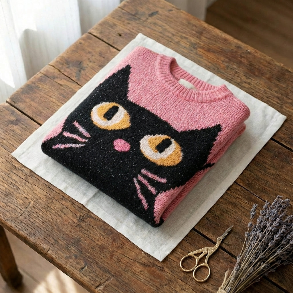 Katoenen trui met zwart kattengezichtontwerp