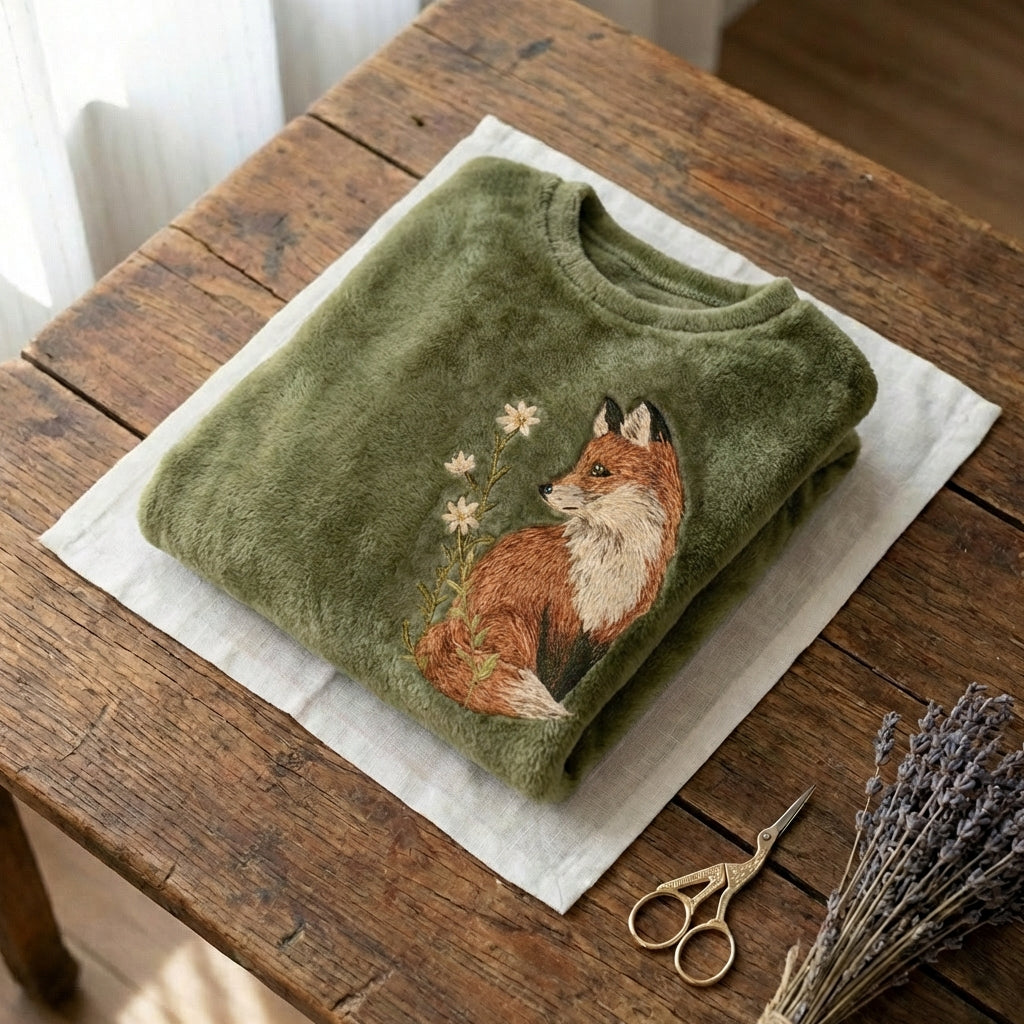 Fleece-Hoodie mit Fuchs- und Gänseblümchen-Stickerei