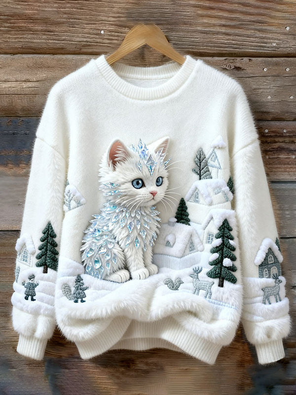 Élégant Pull d'Hiver avec Chat Blanc