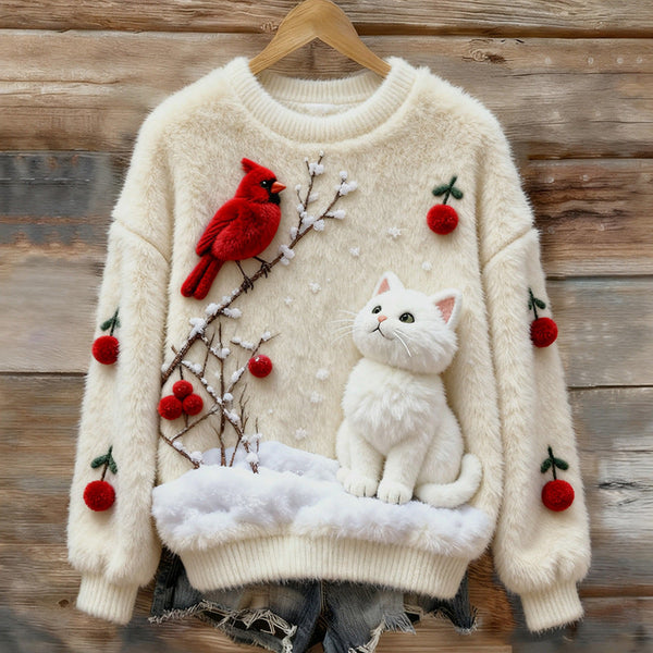 Pull Crème avec Motif de Chat