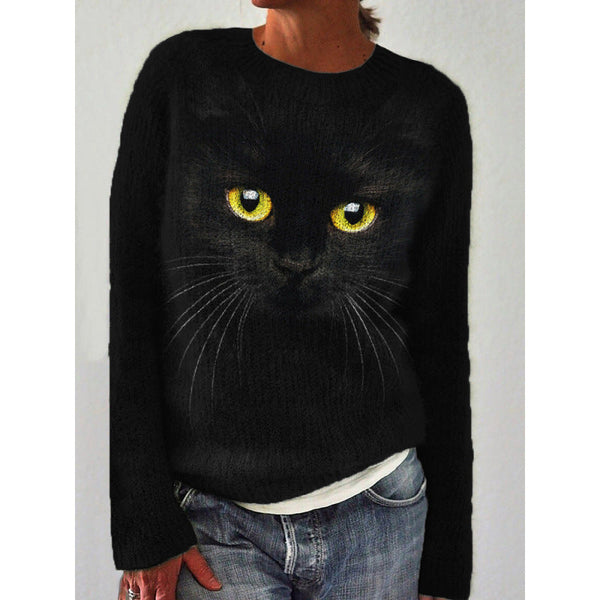 Pull Noir avec Grand Motif de Visage de Chat Noir