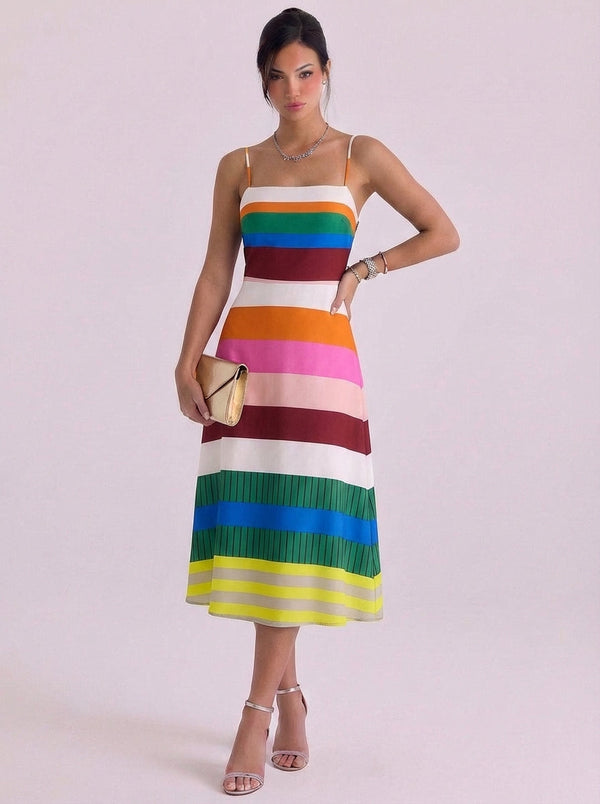 Vestido midi de punto a rayas con bloques de color y dobladillo plisado con tirantes finos