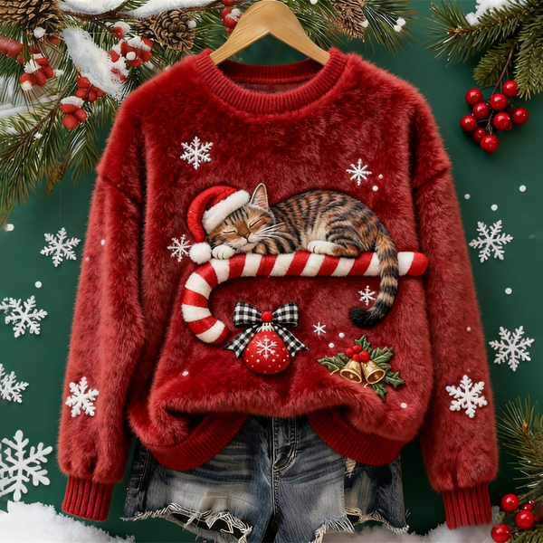 Maglione Morbido Gatto con Cappello di Babbo Natale