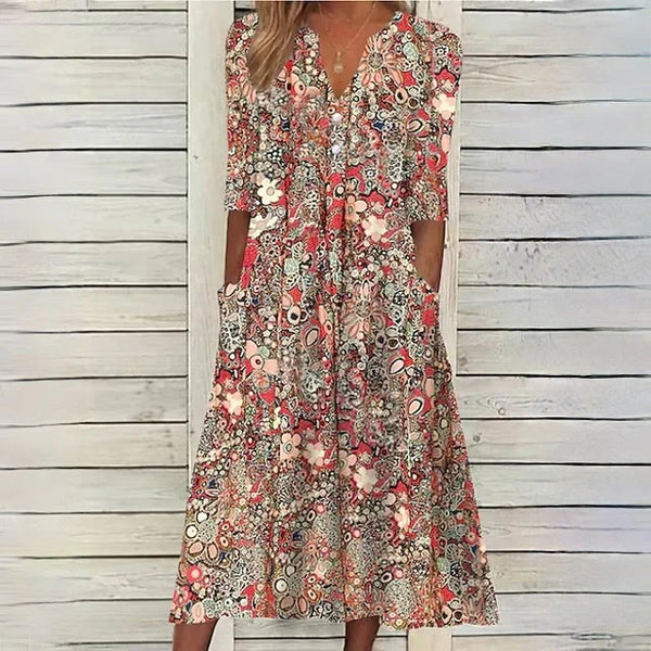 Vestido midi con cuello en V y estampado floral retro