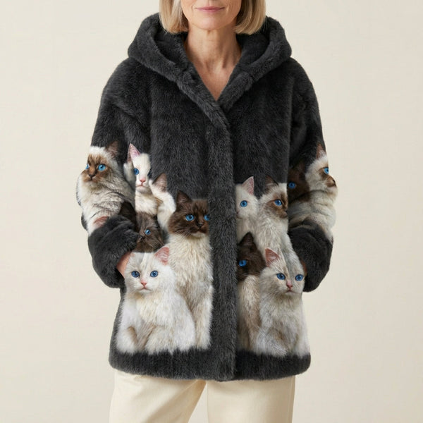 Cardigan in lana con stampa di gatti bianchi e neri