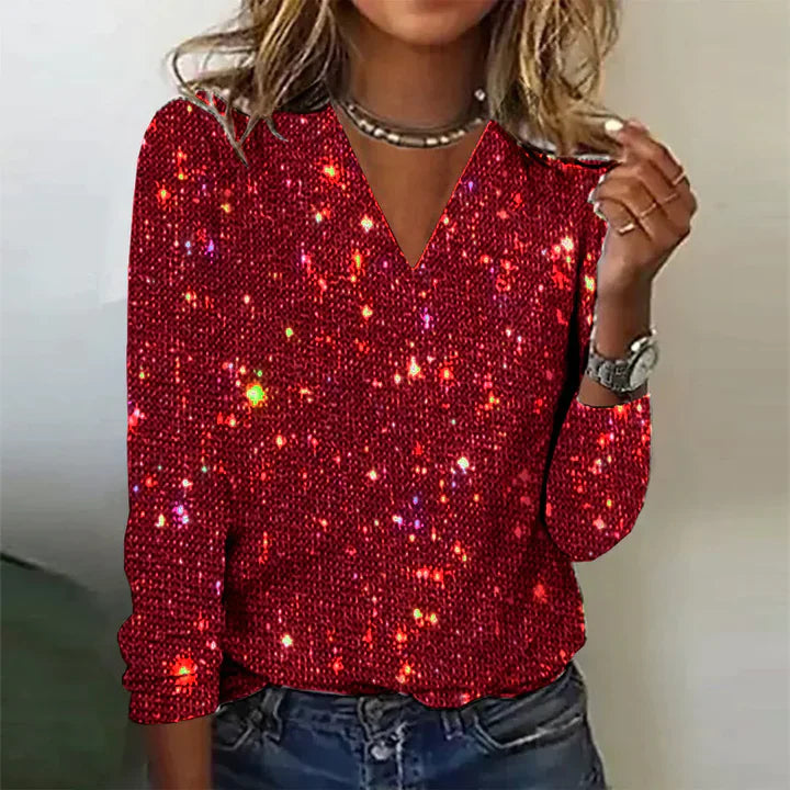 Langarmshirt mit Pailletten und V-Ausschnitt