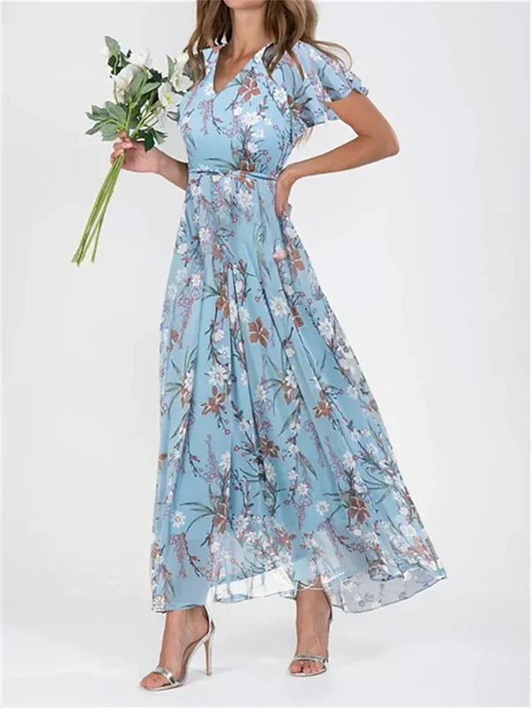 Robe longue fleurie à manches volantées