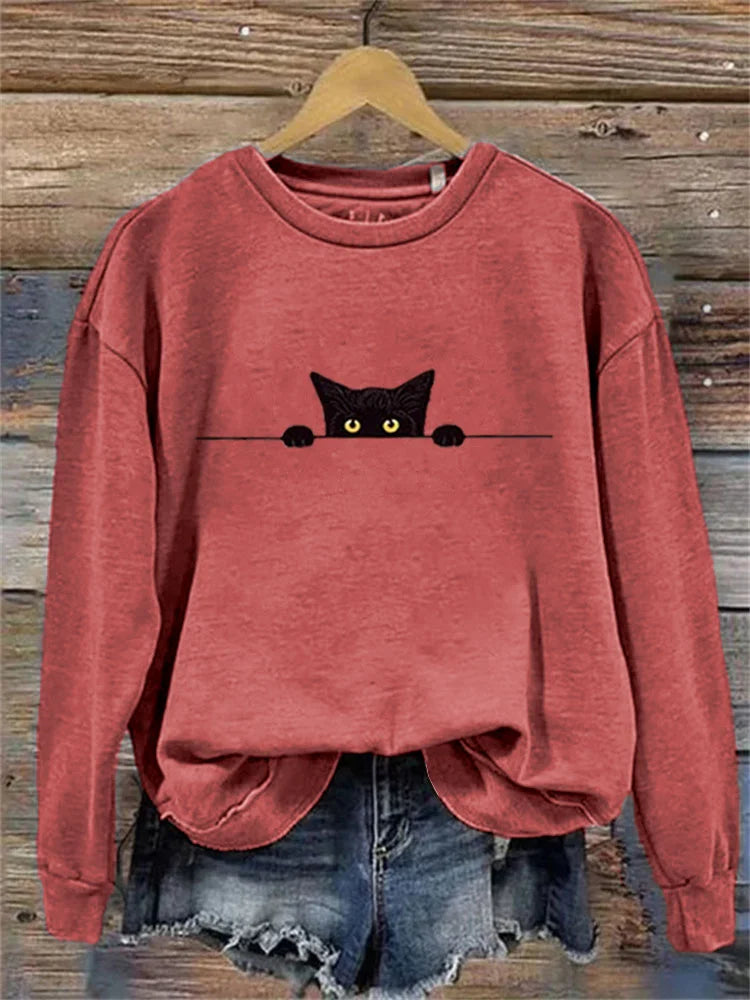 Sweat-shirt avec Chat Noir qui Regarde