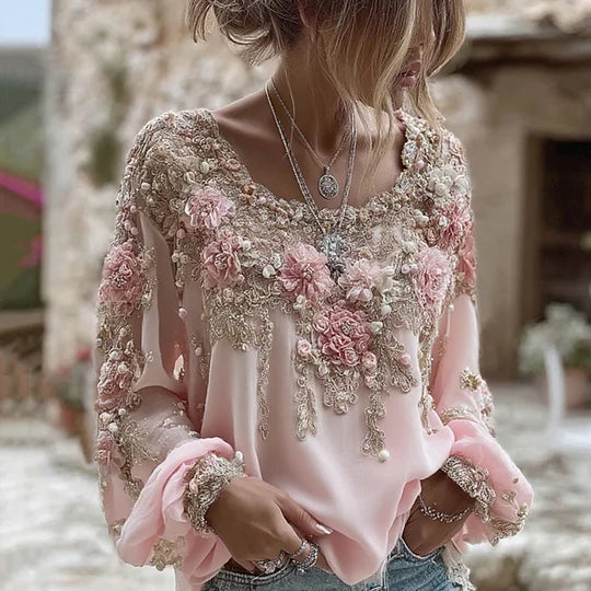 Blouse met 3D bloemenkant en appliqué