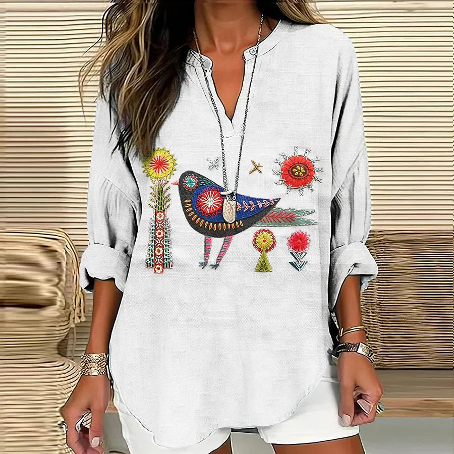 Tunika-Bluse mit Folk-Vogel-Stickerei