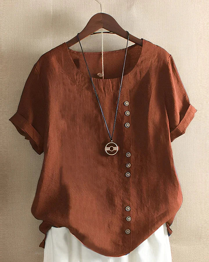 Top a maniche corte con dettaglio bottoni in lino