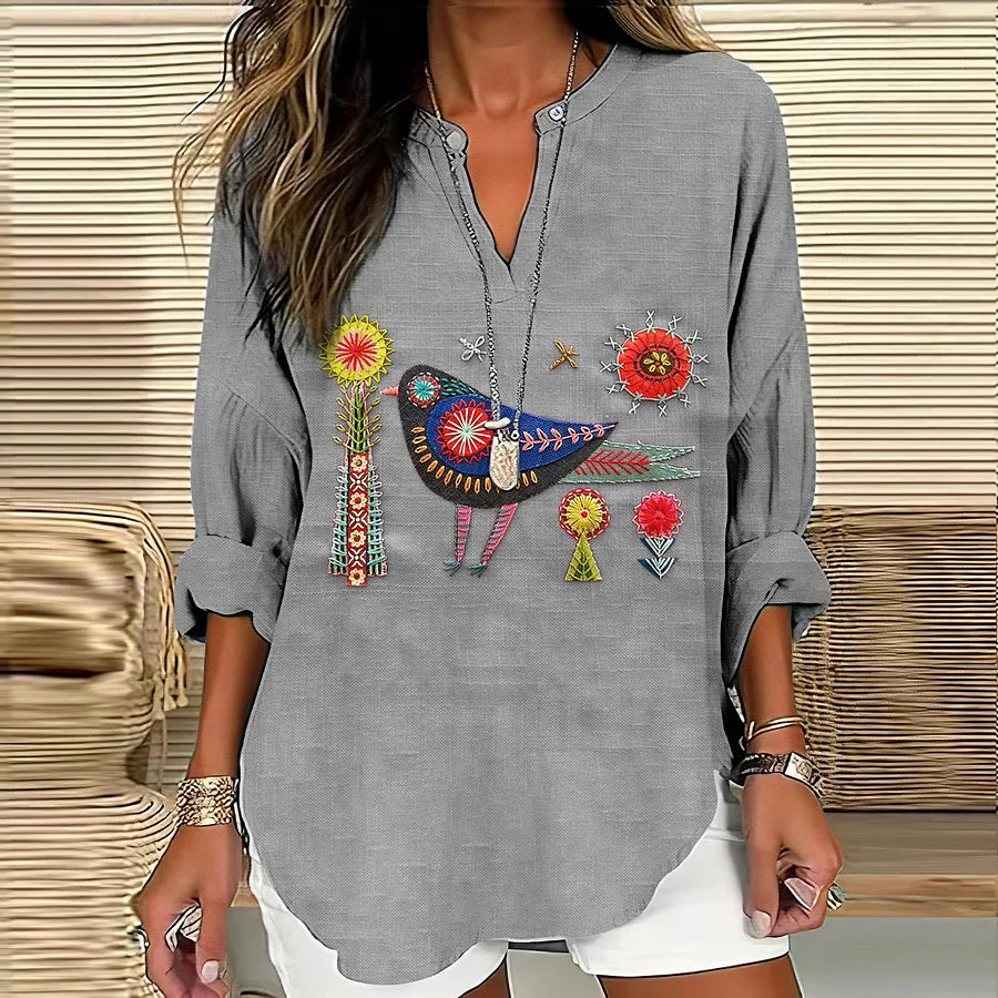 Tunika-Bluse mit Folk-Vogel-Stickerei