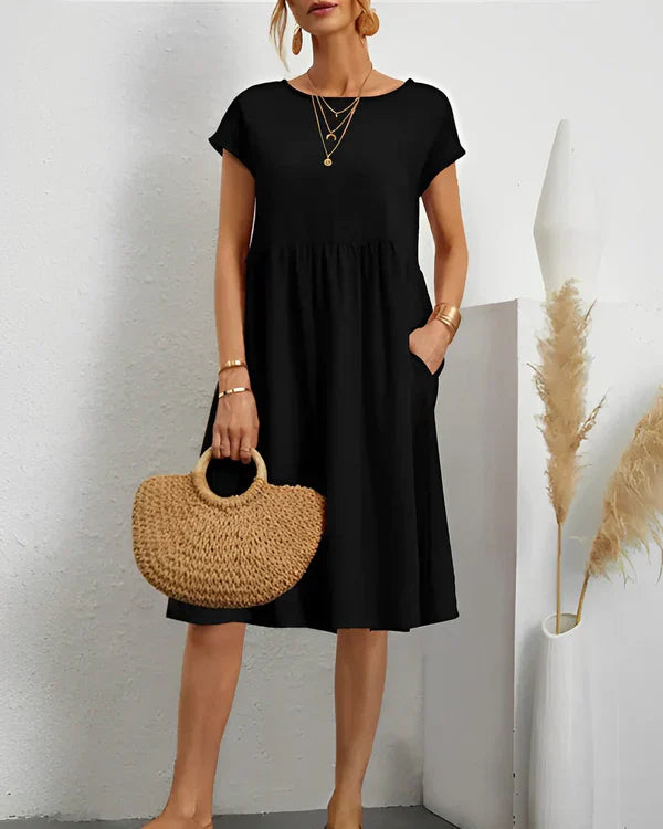 Baumwollkleid mit geraffter Taille und Taschen