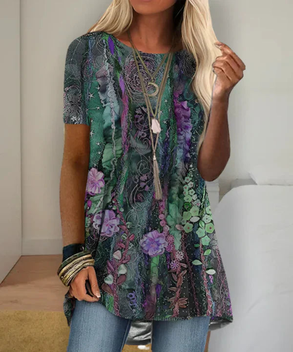 Kurzarm-Tunika mit Blumendruck und Paisley-Design