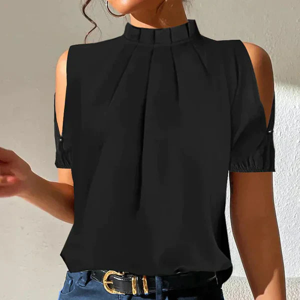 Schwarze, schulterfreie, plissierte Bluse mit Stehkragen