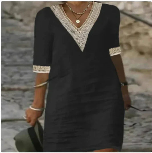 Vestido recto con cuello en V y ribete de crochet