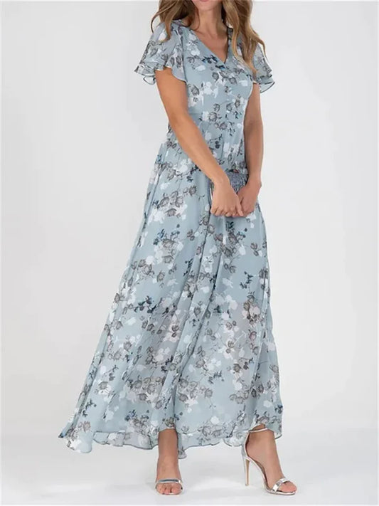 Vestido largo floral con mangas con volantes