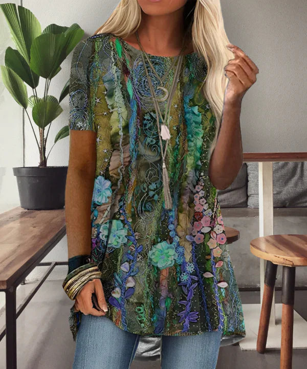Tuniek met korte mouwen en bloemenprint met paisley-ontwerp