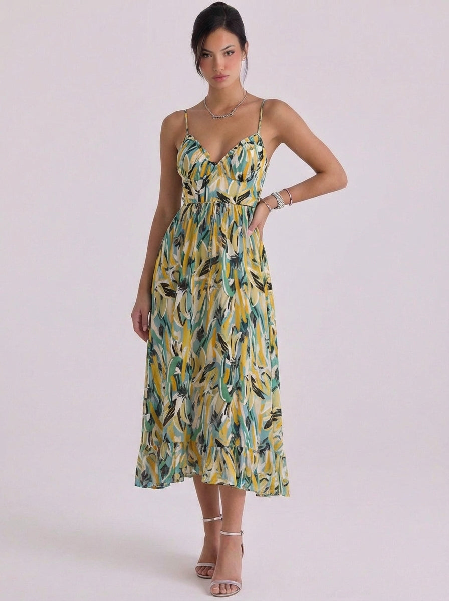 Vestido midi de gasa con estampado abstracto y dobladillo con volantes