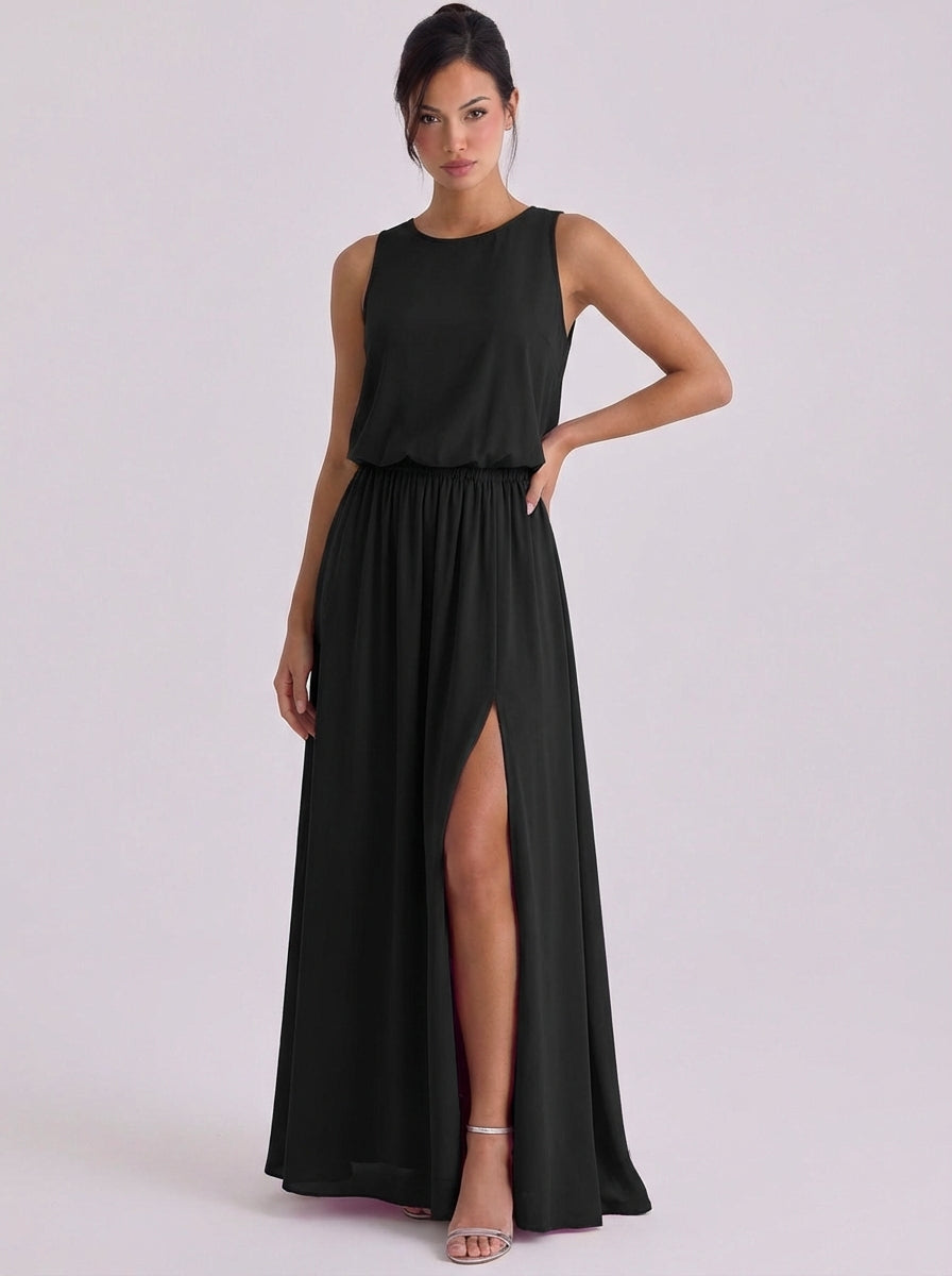 Chiffon-Blouson-Maxikleid, ärmellos, hoher Schlitz