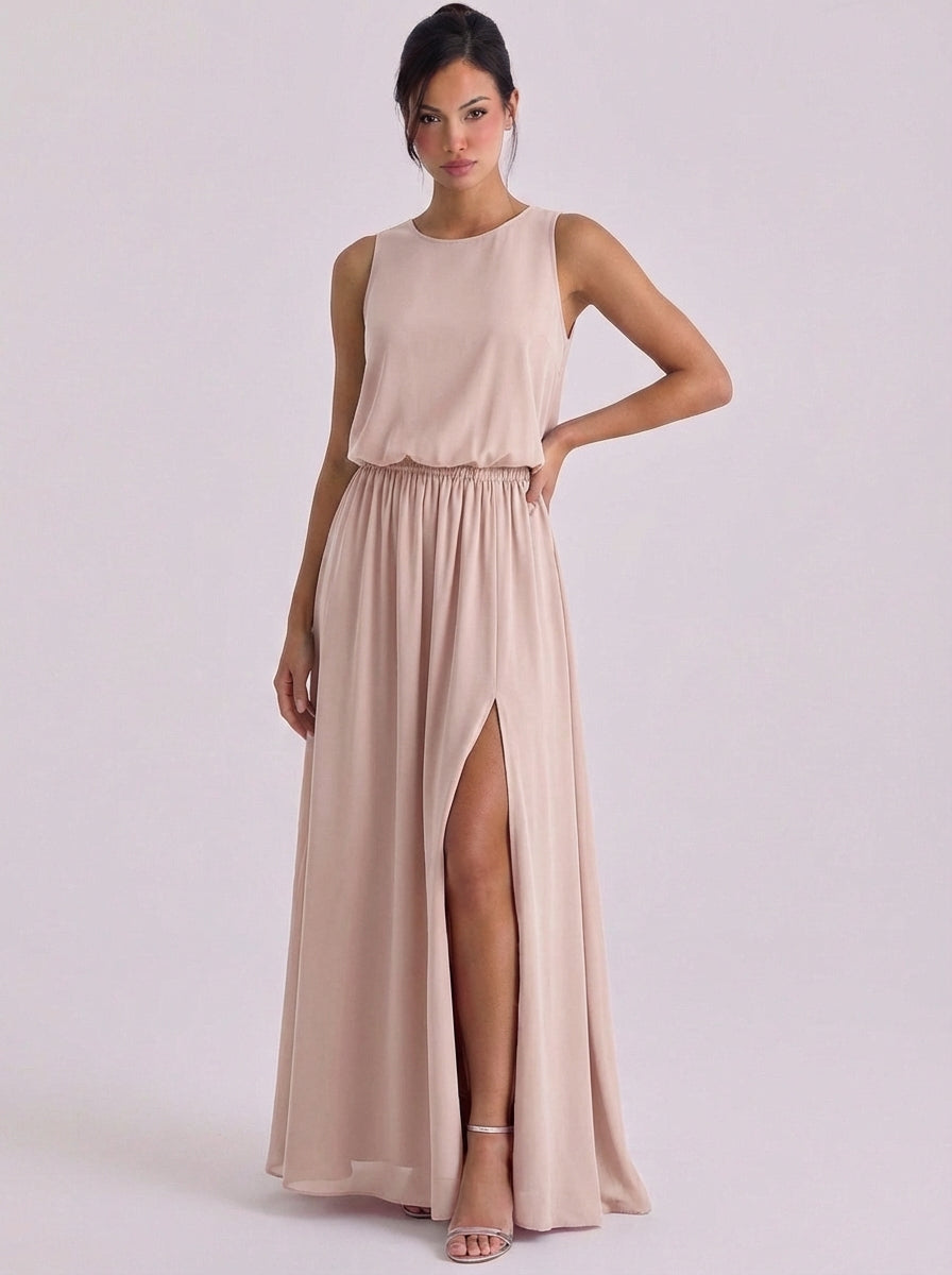 Robe longue en mousseline de soie, blouson, sans manches, fente haute