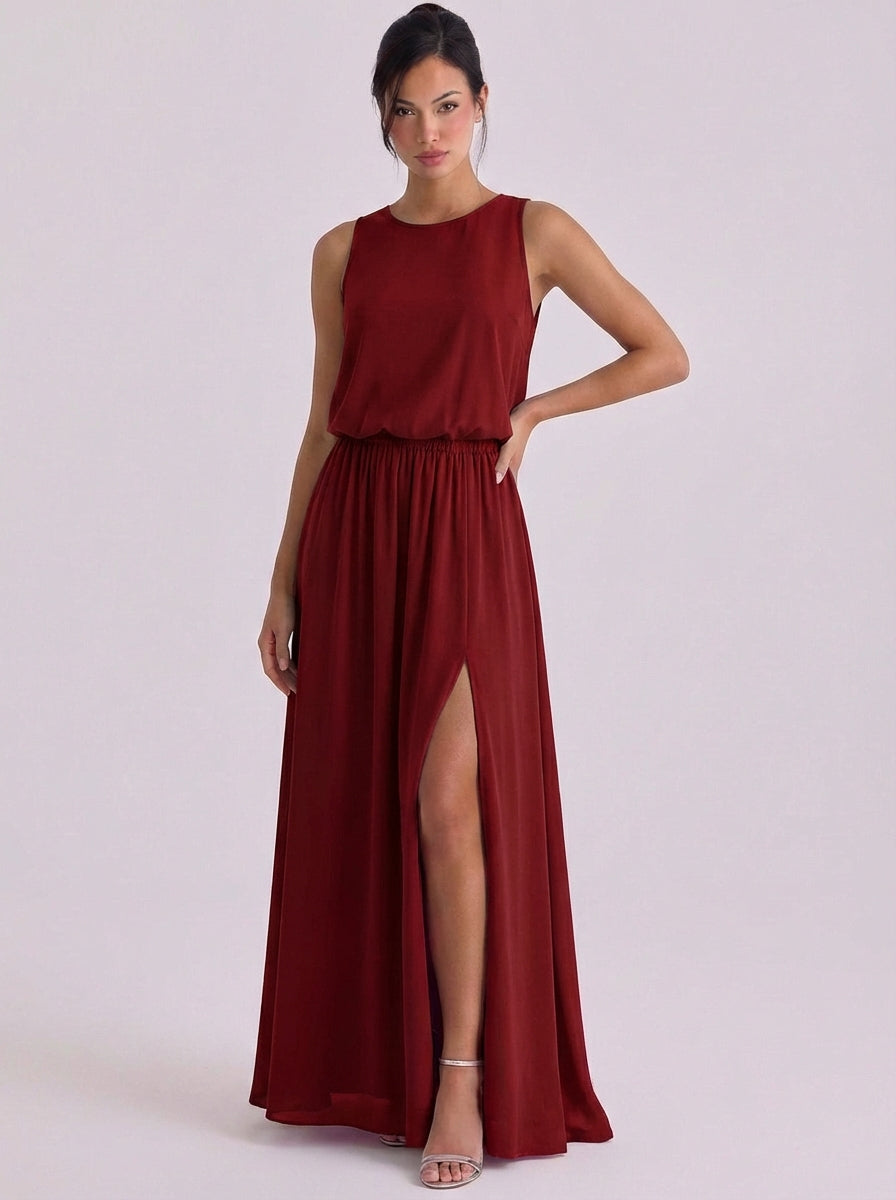 Robe longue en mousseline de soie, blouson, sans manches, fente haute