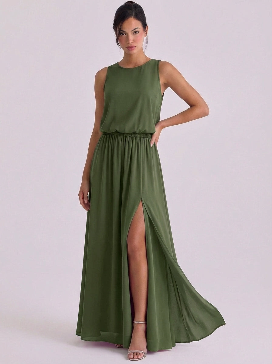 Chiffon-Blouson-Maxikleid, ärmellos, hoher Schlitz
