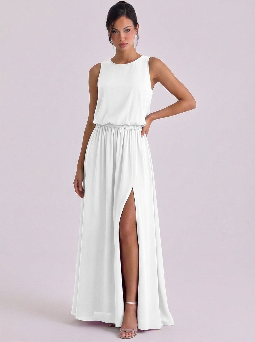 Chiffon-Blouson-Maxikleid, ärmellos, hoher Schlitz