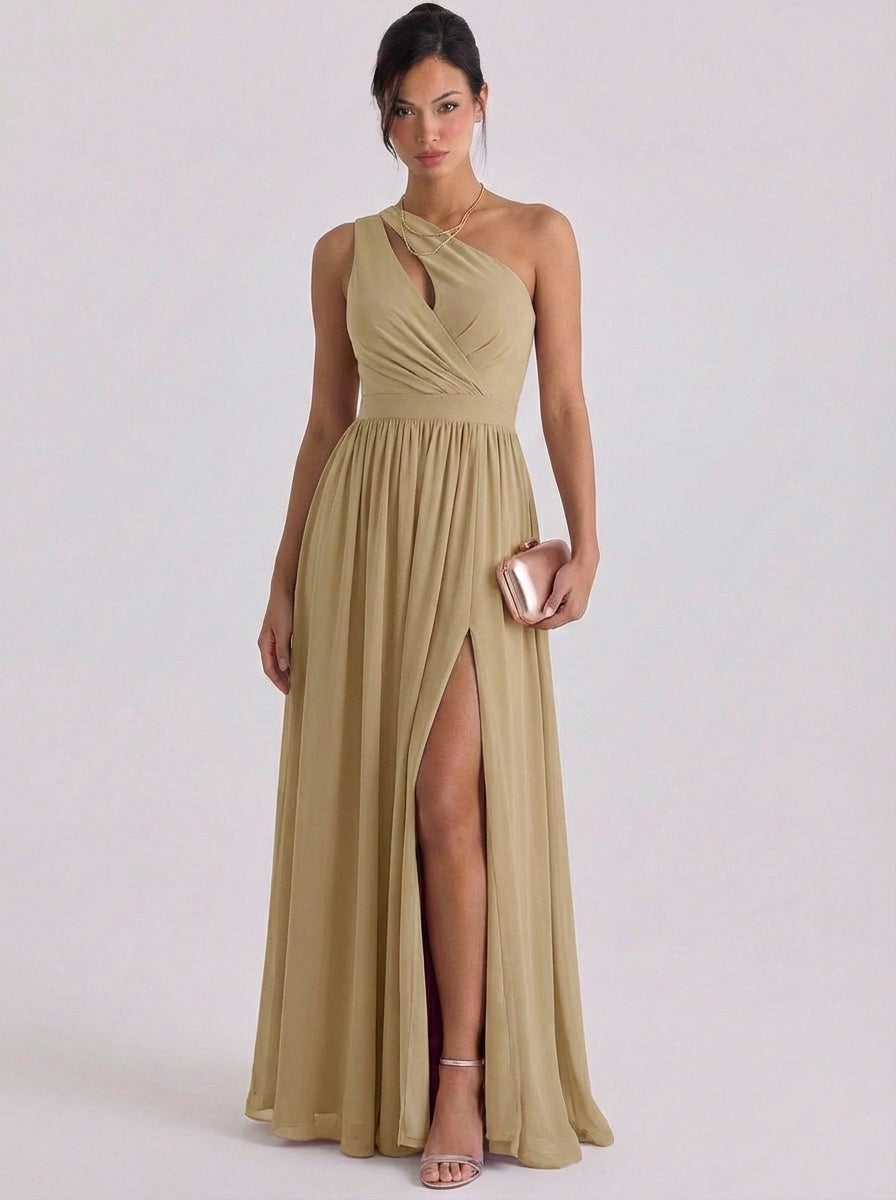 Robe asymétrique asymétrique découpée en mousseline de soie, taille froncée, fente haute