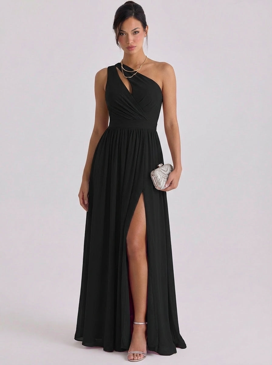 One-Shoulder-Kleid aus Chiffon mit Ausschnitt, geraffter Taille und hohem Schlitz