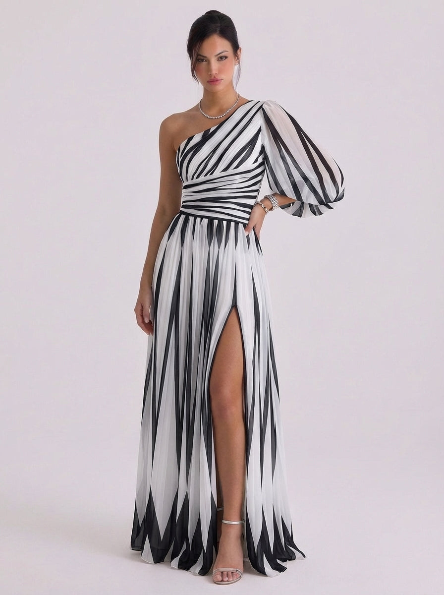 Robe asymétrique à rayures diagonales en mousseline de soie, manches ballon, fente haute