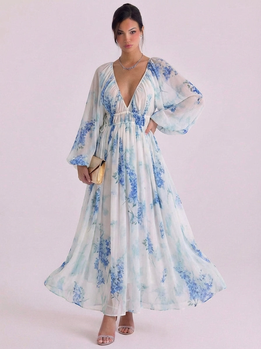 Abito lungo in chiffon con stampa floreale a V profonda, manica a palloncino
