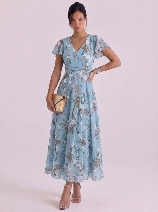 Abito lungo in chiffon con stampa floreale con scollo a V, maniche svolazzanti e cintura in vita